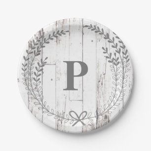 Weiße Holz-Rustikal-Bauernhaus-Monogramm-Hochzeit Pappteller