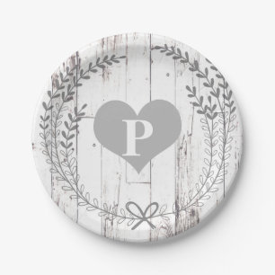 Weiße Holz-Rustikal-Bauernhaus-Monogramm-Hochzeit Pappteller