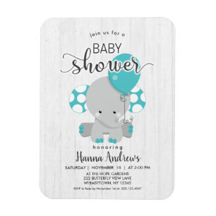 Weiße Holz-Teal-Elefanten-Baby-Shower-Einladung Magnet