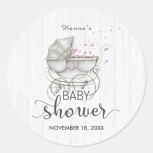 Weiße Holz & Vintage-Kinderwagen Mädchen Baby Show Runder Aufkleber