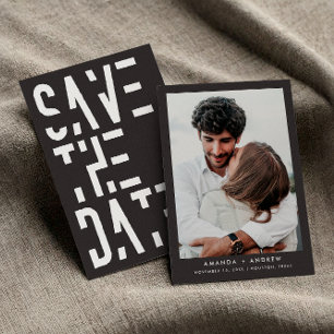 Weiße Holzkohlegrau 70er Retro Streifen Hochzeit Save The Date