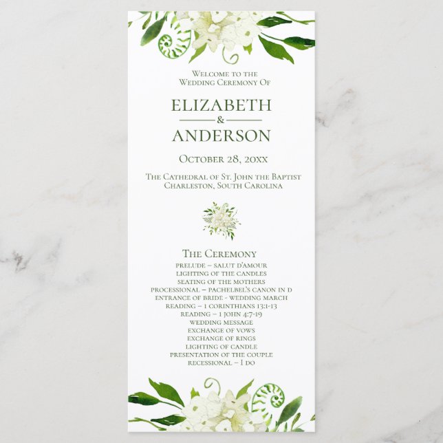 Weiße Hortensien Aquarell-Hochzeitsprogramm mit Bl Programm (Vorderseite)