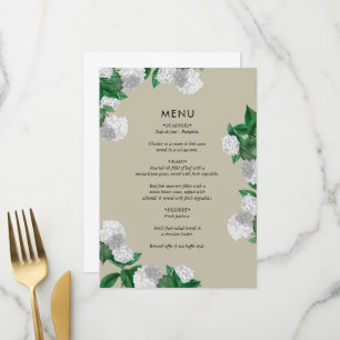 Weiße Hortensien-Blumen-Grün-Moderne Hochzeit Menükarte