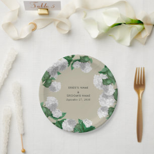 Weiße Hortensien-Blumen-Grün-Moderne Hochzeit Pappteller