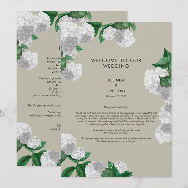 Weiße Hortensien-Blumen-Hochzeitsplan  Programm (Vorne/Hinten)