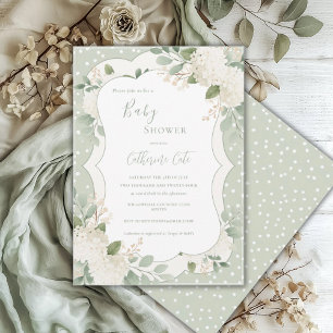 Weiße Hortensien Floral Salbei Grün Baby Shower Einladung
