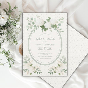 Weiße Hortensien Florale Vintage-Grüne Babyparty Einladung