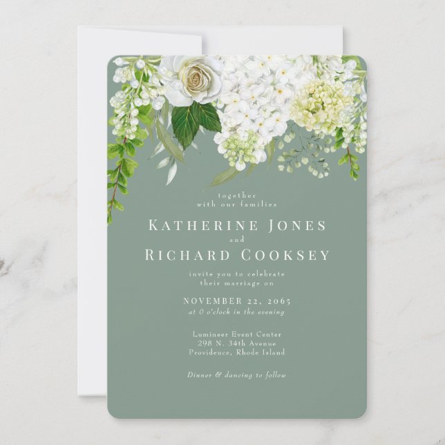 Weiße Hortensien-Sage-Runde Hochzeit Einladung (Vorderseite)