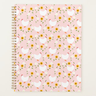 Weiße Hühner mit Blumenmuster auf rosa Planer