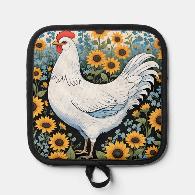 Weiße Hühner und Sonnenblumen Topflappen (Vorderseite)