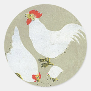 Weiße Hühner Vintage Japanisches Seidenlabel Runder Aufkleber