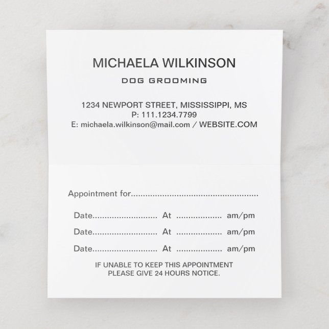 Weiße Hundekuh auf schwarzem Pet Grooming Service Terminkarte (Innenseite Aufgefaltet)