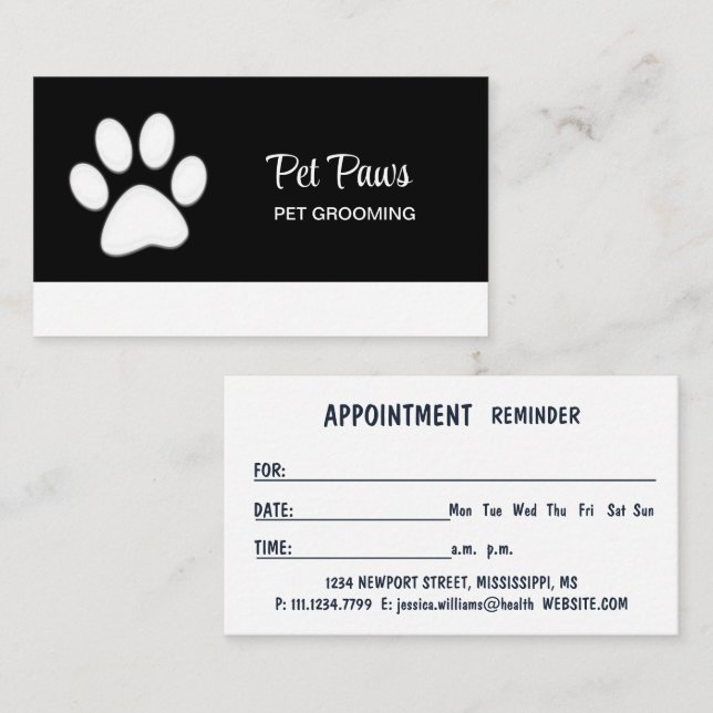 Weiße Hundekuh auf schwarzem Pet Grooming Service Terminkarte (Vorne/Hinten)
