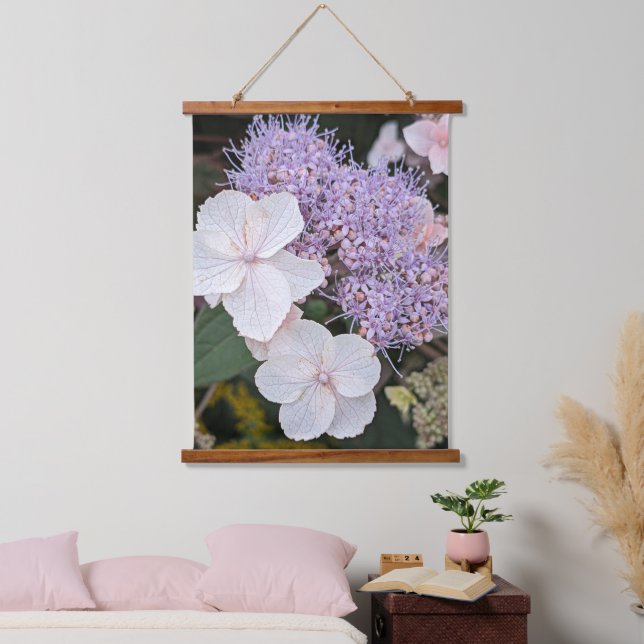 Weiße Hydrangea Aspera Blume Floral Wandteppich Mit Holzrahmen (Schlafzimmer)