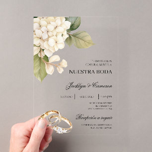 Weiße Hydrangea mit Ringspanischer Hochzeit Acryleinladungen