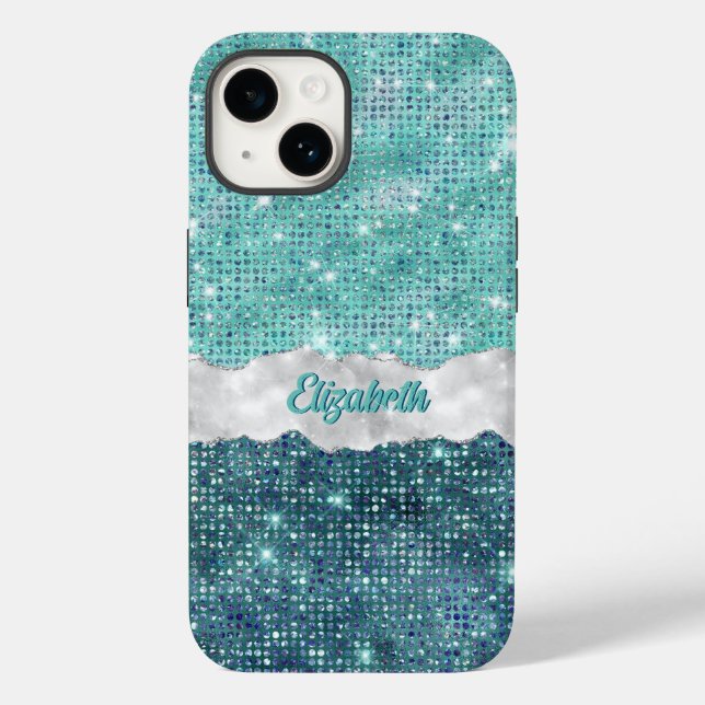 Weiße Imitat Türkisfarben Aquamariner Glitzer Mono Case-Mate iPhone Hülle (Rückseite)