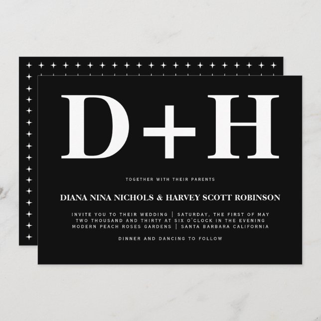 Weiße Initialen fett Typografie schwarze Hochzeit Einladung (Vorne/Hinten)