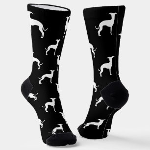 Weiße Italian Greyhound Silhouetten auf Schwarz Socken