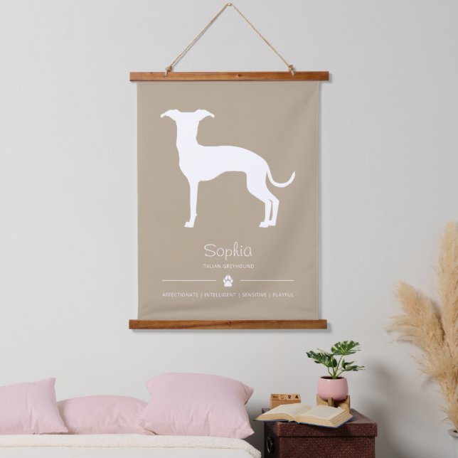 Weiße italienische Greyhound-Silhouette auf Beige Wandteppich Mit Holzrahmen (Schlafzimmer)