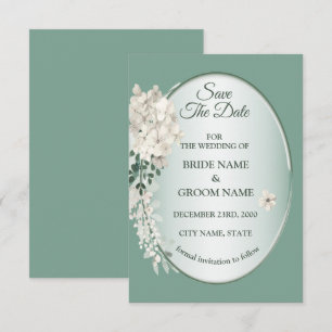 Weiße Jasmin-Blumen Grüne Geometrische Hochzeit Save The Date