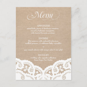 Weiße Jute-Spitzen-Doily-Hochzeitsmenü Postkarte