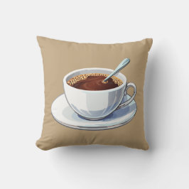 Weiße Kaffeetasse auf einem Unterteller gefüllt mi Kissen