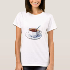 Weiße Kaffeetasse auf einem Unterteller gefüllt mi T-Shirt