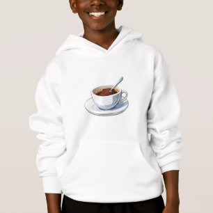 Weiße Kaffeetasse auf einer Untertasse gefüllt mit Hoodie