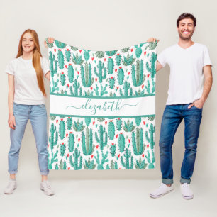 Weiße Kakteen, weißes Muster, Monogramm Fleecedecke