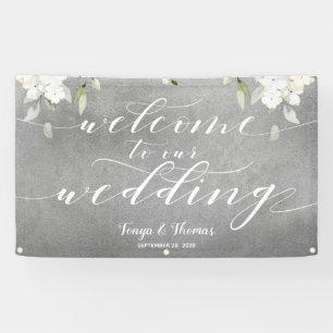 Weiße Kalligrafie Silver Floral Begrüßung Hochzeit Banner