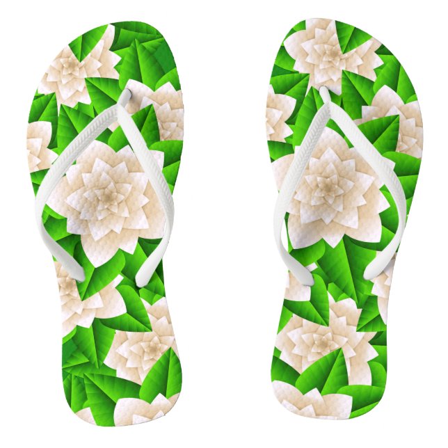 Weiße Kamelien und grüne Blätter Flip Flops (Fußbett)