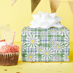 Weiße Kamille Blume auf grünblauem Schachbrett Geschenkpapier