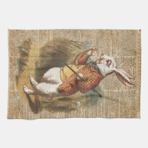Weiße Kaninchen-Alice im Wunderland-Vintage Kunst Küchentuch