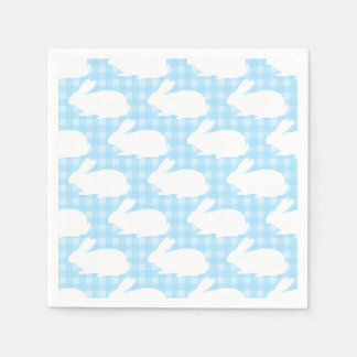 Weiße Kaninchen auf pastellblauem Gingham-Muster Serviette