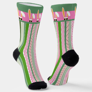 Weiße Kaninchen auf rosa und grüne Streifen, Oster Socken