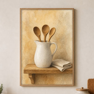 Weiße Kanne und Holzlöffel Aquarellposter Poster