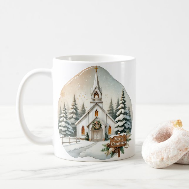 Weiße Kapelle auf dem Land | Nachtweihnachtszene Kaffeetasse (Mit Donut)