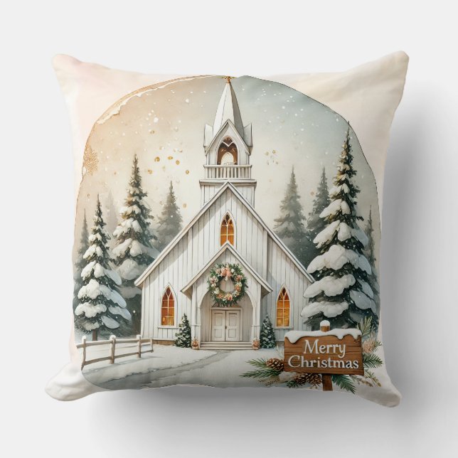Weiße Kapelle auf dem Land | Nachtweihnachtszene Kissen (Vorderseite)
