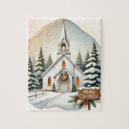 Weiße Kapelle auf dem Land | Nachtweihnachtszene Puzzle