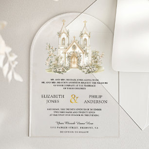 Weiße katholische Hochzeitskirche aus Gold Acryleinladungen