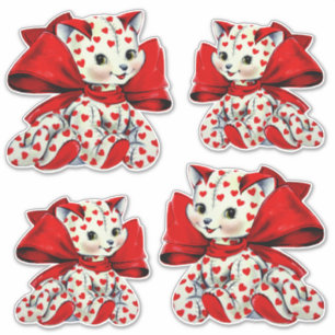 Weiße Kätzchen-Katze mit Herzen Vintage Valentins Aufkleber