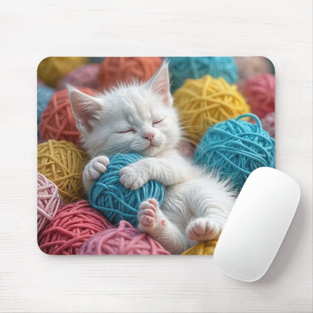 Weiße Kätzchen Schlafen in Garnballen Mousepad (Mit Mouse)