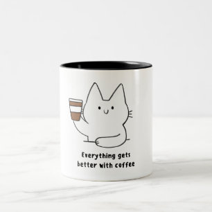 Weiße Katze Alles wird mit Kaffee besser Zweifarbige Tasse