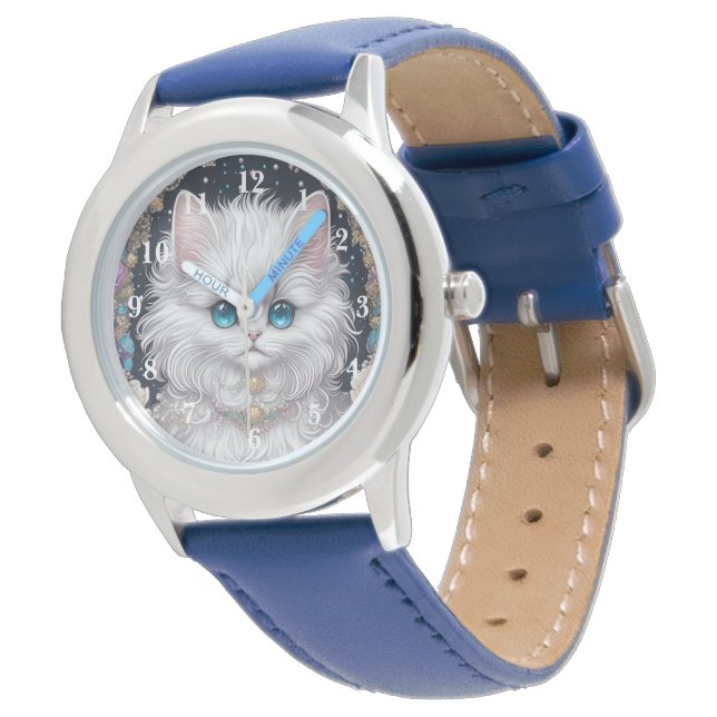Weiße Katze Armbanduhr (Schrägansicht)
