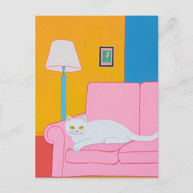 Weiße Katze auf einem rosa Sofa Postkarte (Vorderseite)