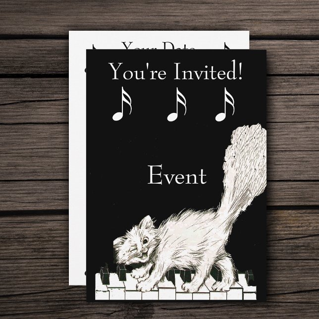 Weiße Katze auf Klaviertasten Einladung (White winking cat walking on piano keys music notes on black party invitations.)