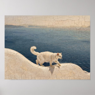 Weiße Katze auf Wandmalerei am Meer Poster