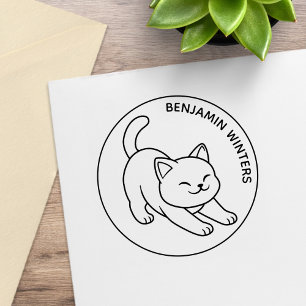 Weiße Katze beim Strecken mit individuellem Text Gummistempel