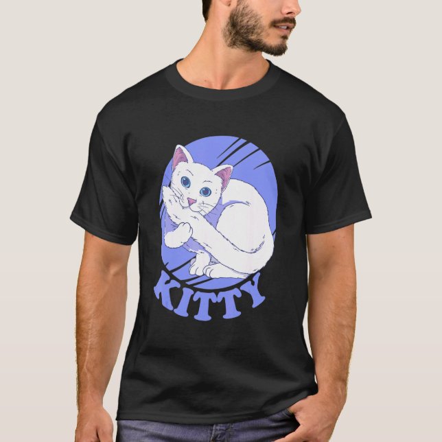 Weiße Katze beißt Schwanz T-Shirt (Vorderseite)