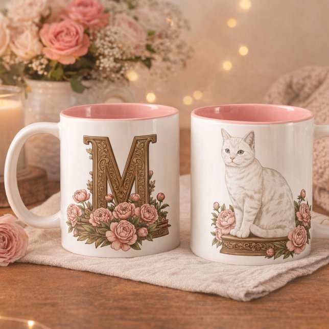 Weiße Katze Blaue Augen Monogramm Tasse (White Cat Blue Eyes Monogram Mug - Personalized Initial Mug - Elegant Cat Lover Gift)